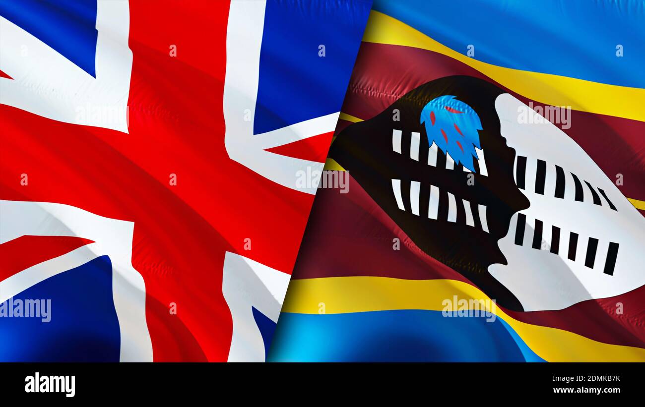 United Kingdom and Eswatini flags. 3D Waving flag design. United Kingdom Eswatini flag, picture, wallpaper. United Kingdom vs Eswatini image,3D render Stock Photo