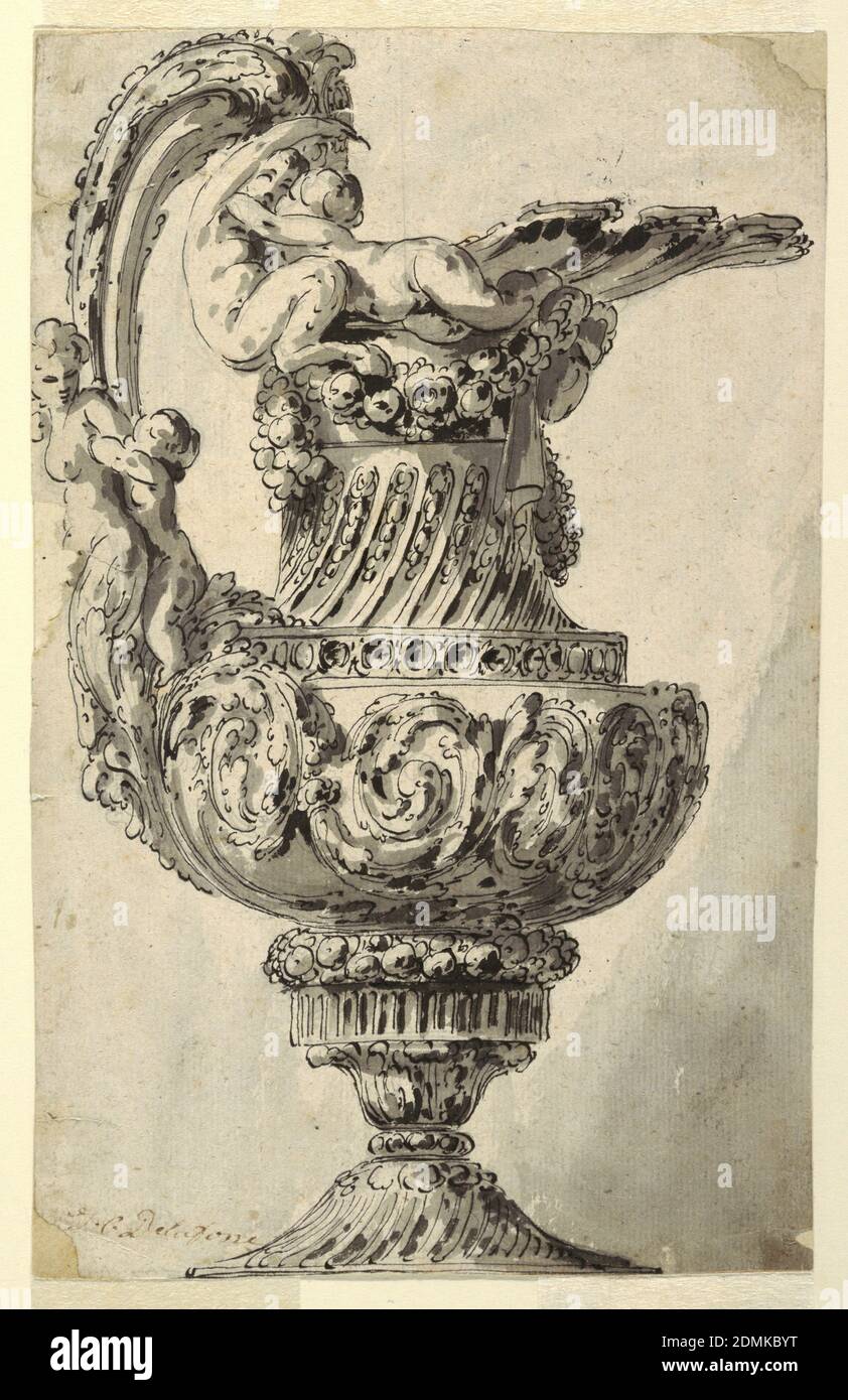 Design for a Decorative Ewer, Pen and black ink, brush and gray wash on paper, The image of the ewer takes up the entire sheet. The ewer's decoration includes a half figure of a woman and a child positioned on the lower part of the handle, left, and a satyr and a woman on the rim. Its entire surface is covered with floral and vegetal motifs., France, 1765, metalwork, Drawing Stock Photo
