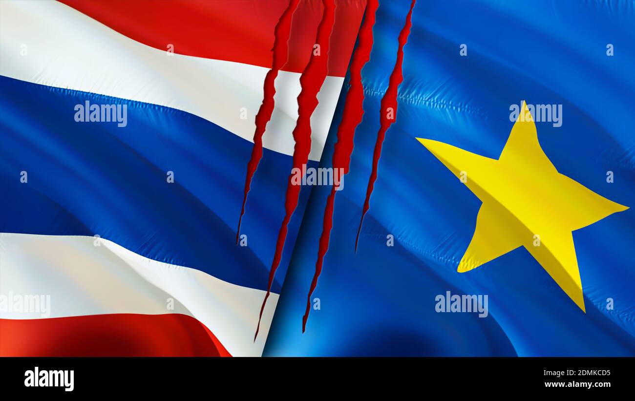 Thailand and DR Congo flags with scar concept. Waving flag,3D rendering. Thailand and DR Congo conflict concept. Thailand DR Congo relations concept. Stock Photo