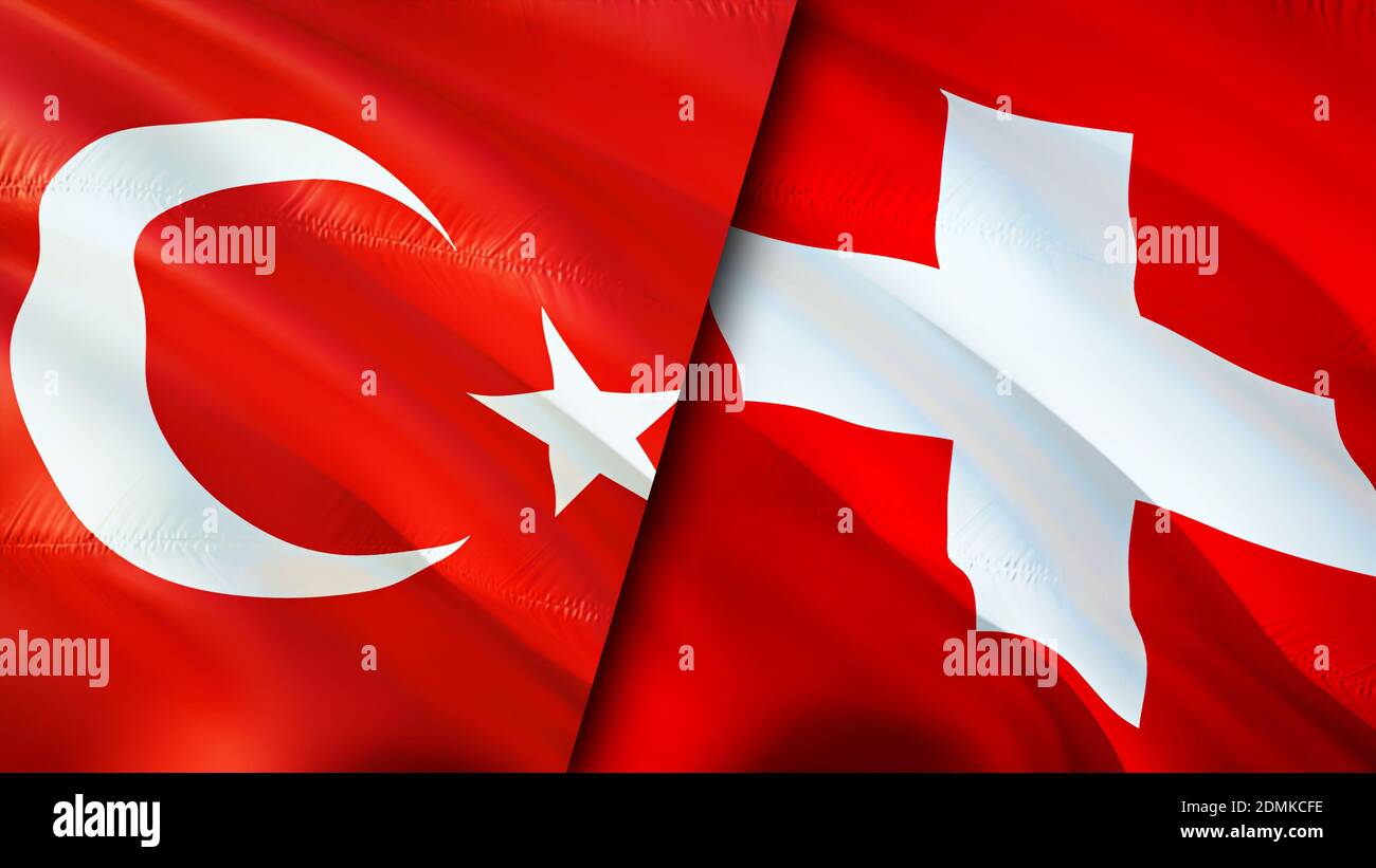 Turkey and Switzerland flags. 3D Waving flag design. Turkey Switzerland flag, picture, wallpaper. Turkey vs Switzerland image,3D rendering. Turkey Swi Stock Photo