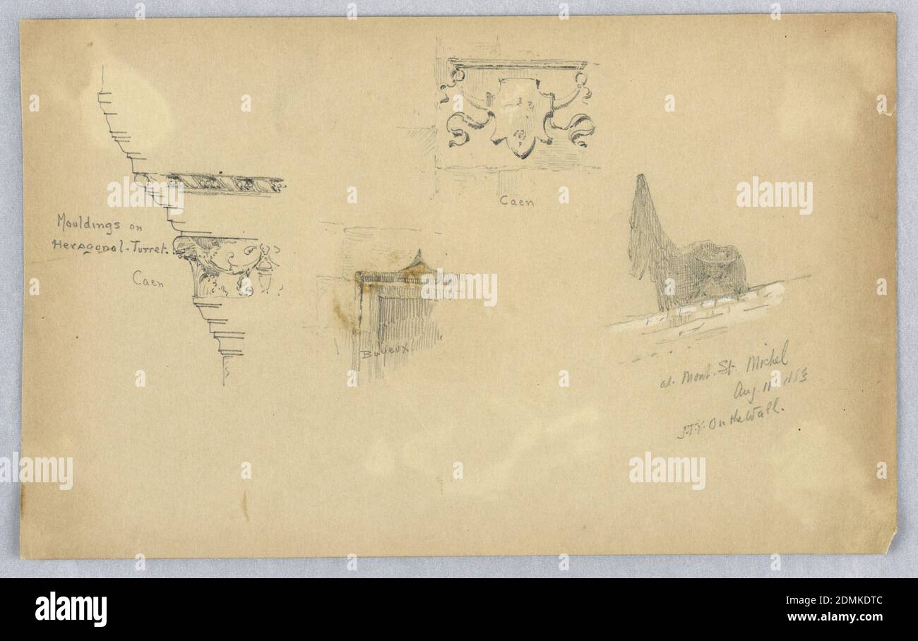 Architectural Details, Arnold William Brunner, American, 1857–1925, Graphite and white heightening on grey-brown paper, Details from Caen, Bayeux and Mont. St.Michel. Sketches of mouldings, turrets, and door corner., USA, 1883, architecture, Drawing Stock Photo