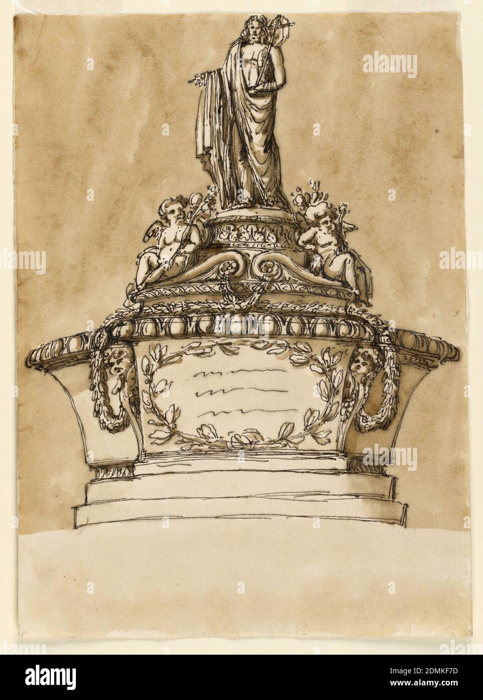 Baptismal Font, Pen and brown ink, brush and brown wash, red ink on cream laid paper, The bowl is supported by two plinths. The central part is shaped like a tablet, framed laterally by two gaines, and bearing an inscription in a wreath, formed by two branches. The diameter of the lid corresponds to that of the front. In front, cornices of a broken pediment from which festoons hang toward the gaines. At the ends of the cornices sit two angels with lily stems. They lean upon the round base of a statue of St. John the Baptist with shouldered cross staff., Rome, Italy, ca. 1775, architecture Stock Photo