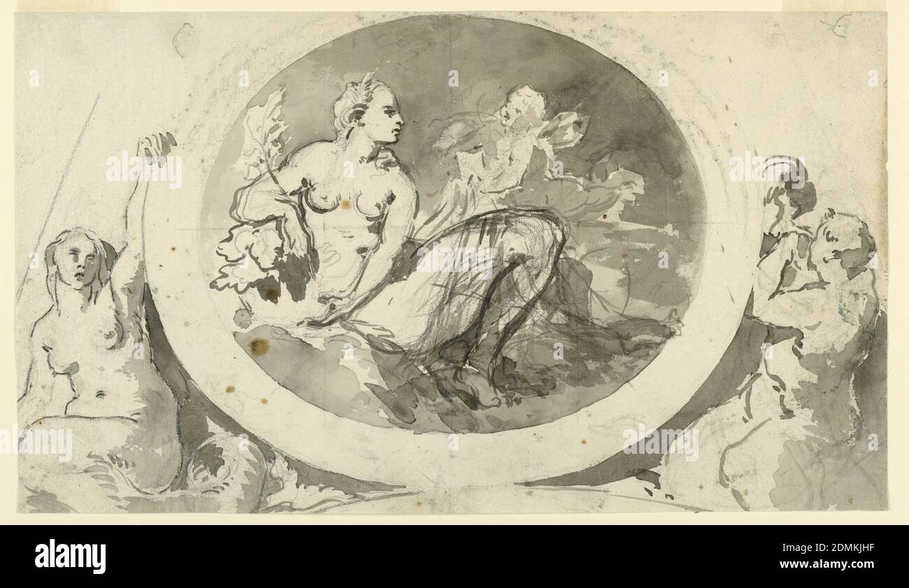 Design for a Wall Monument or Fountain, Pen and Chinese ink, charcoal on black paper, An oval painting, showing a half reclining girl and a putto, is supported by a mermaid. A merman blowing shell horn, at right. The lateral fiure3s are incompletely shown., France, 1775, Drawing Stock Photo