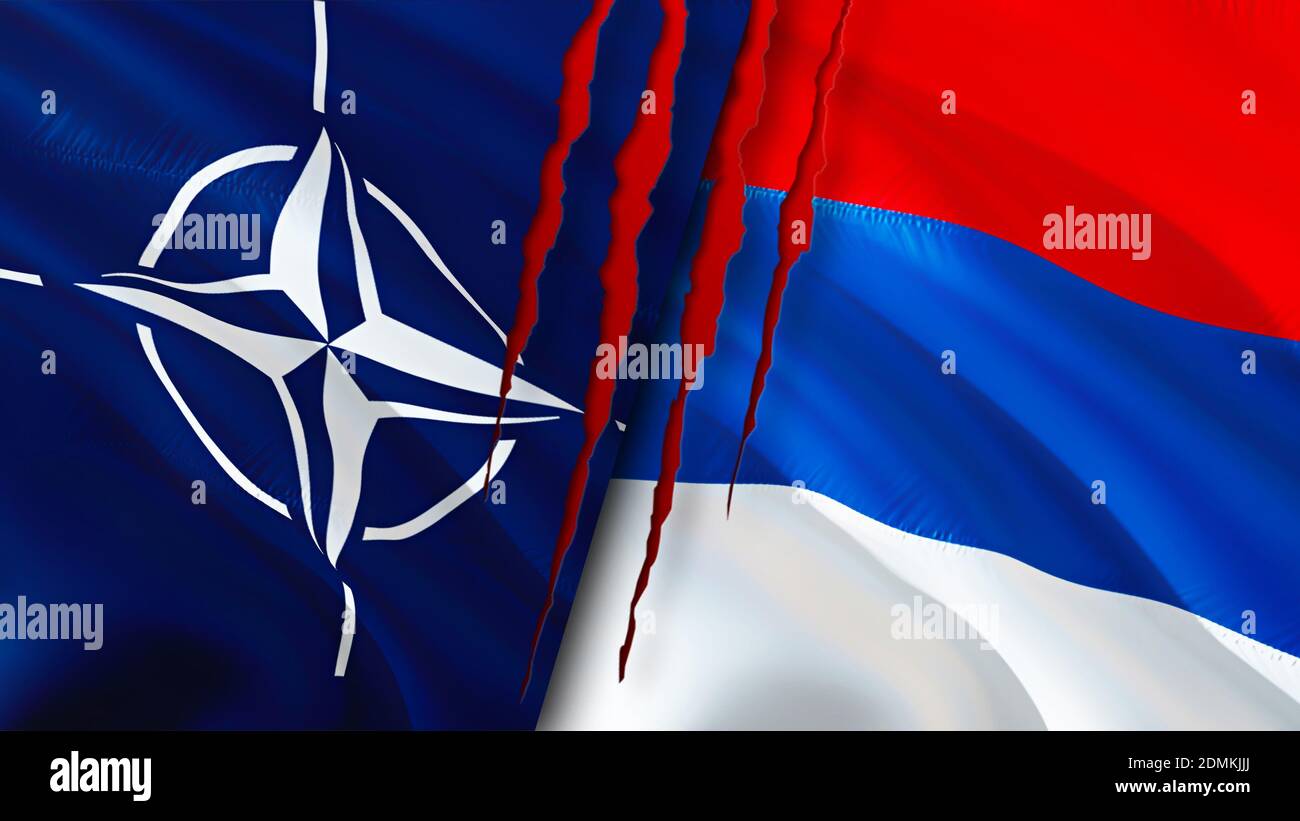 NATO and Serbia flags with scar concept. Waving flag,3D rendering. Serbia and NATO conflict concept. NATO Serbia relations concept. flag of NATO and S Stock Photo
