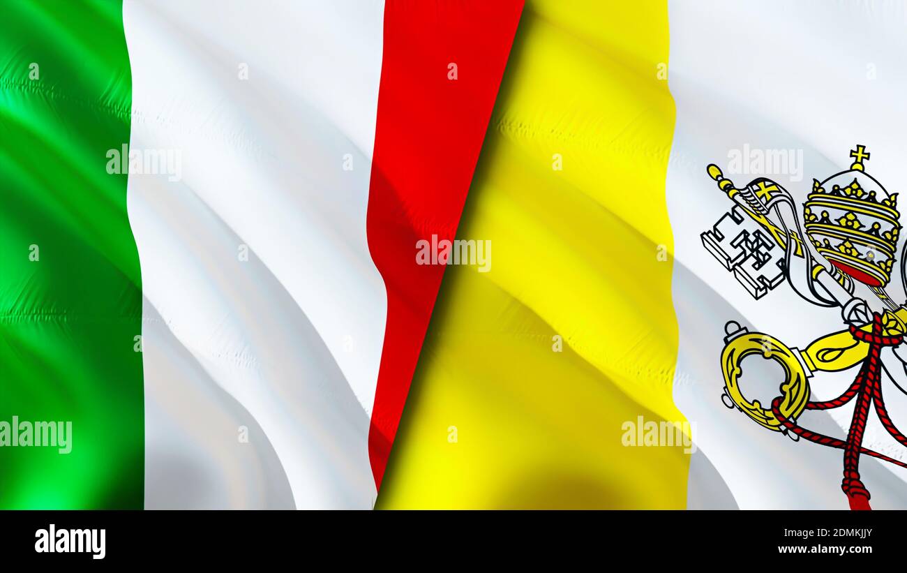 Italy and Vatican flags. 3D Waving flag design. Italy Vatican flag