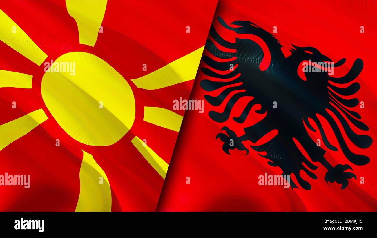North Macedonia and Albania flags. 3D Waving flag design. North
