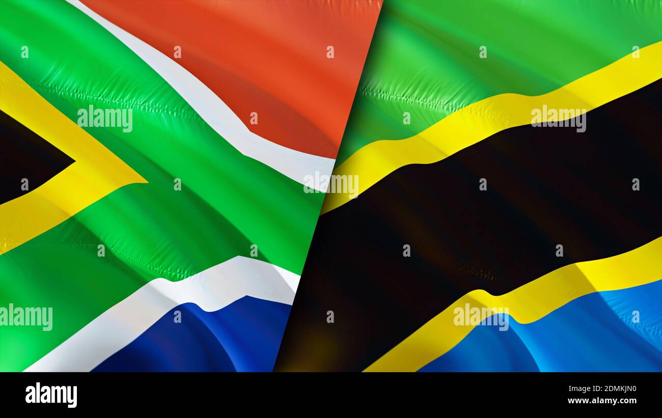 South Africa and Tanzania flags. 3D Waving flag design. South Africa Tanzania flag, picture, wallpaper. South Africa vs Tanzania image,3D rendering. S Stock Photo