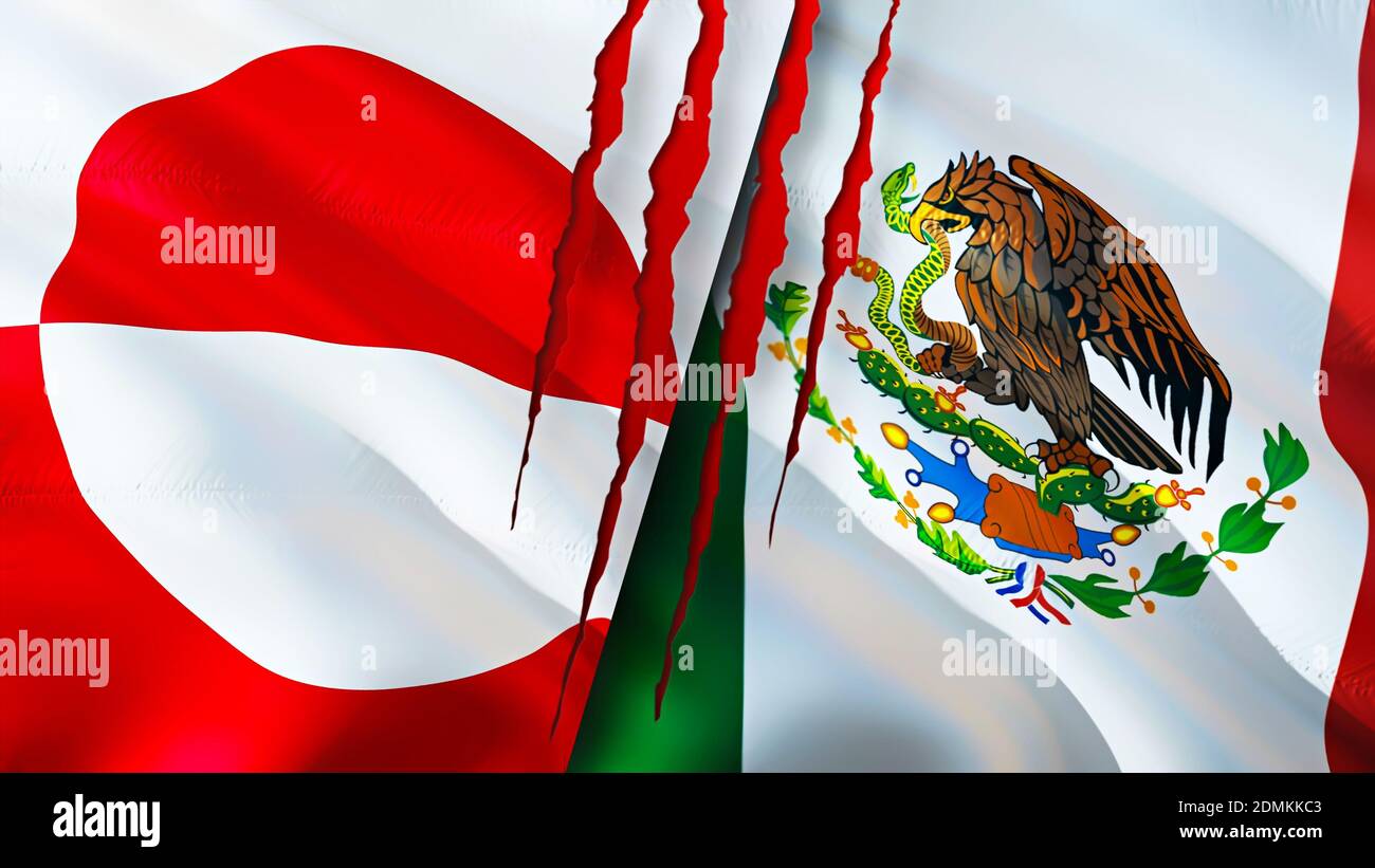 Greenland and Mexico flags with scar concept. Waving flag,3D rendering. Greenland and Mexico conflict concept. Greenland Mexico relations concept. fla Stock Photo