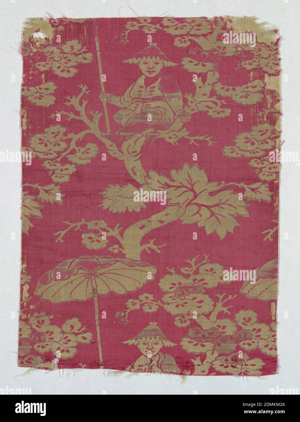 Fragment, Medium: silk Technique: satin weave with supplementary weft, An incomplete repeat in red satin with a design in white of a Chinese figure in a tree holding a parasol., France, 1700–1750, woven textiles, Fragment Stock Photo