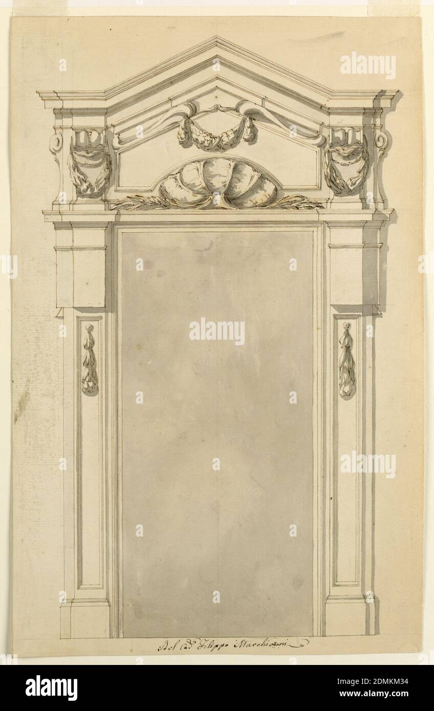 Design for a door case, Filippo Marchionni, Italian, 1732–1805, Carlo Marchionni, Italian, 1702–1786, Graphite, pen and bistre ink, brush and gray watercolor on paper, Pointed pediment; a shell with lateral branches; a panel with shell outline. Panel contains festoon hanging from two scrolls above; entablature is right above the door frame. The bodies of the pillars supporting the entablature consist of an upper part with triglyphs and a receding lower pillar strip with short hanging garlands., Italy, ca. 1750, architecture, Drawing Stock Photo