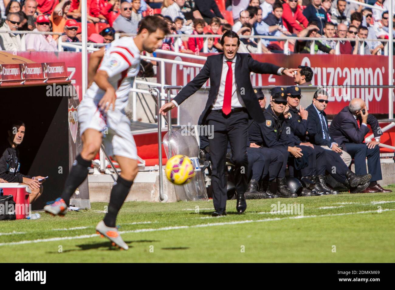 Unai Emery, coach of Sevilla FC, in acton during the match of La Liga BBVA between Sevilla FC and Levante UD at the Ramon Sanchez Pizjuan Stadium on November 9, 2014 in Seville, Spain Stock Photo