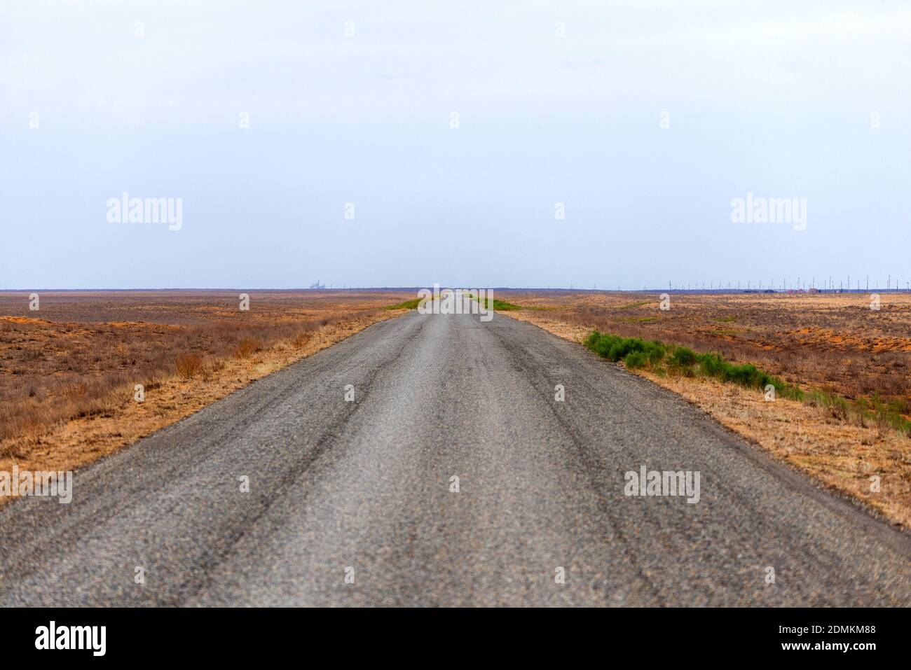 Long road stretching out into the distance in steppe. Stock Photo