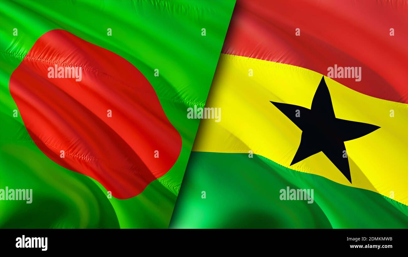 Bangladesh and Ghana flags. 3D Waving flag design. Bangladesh Ghana
