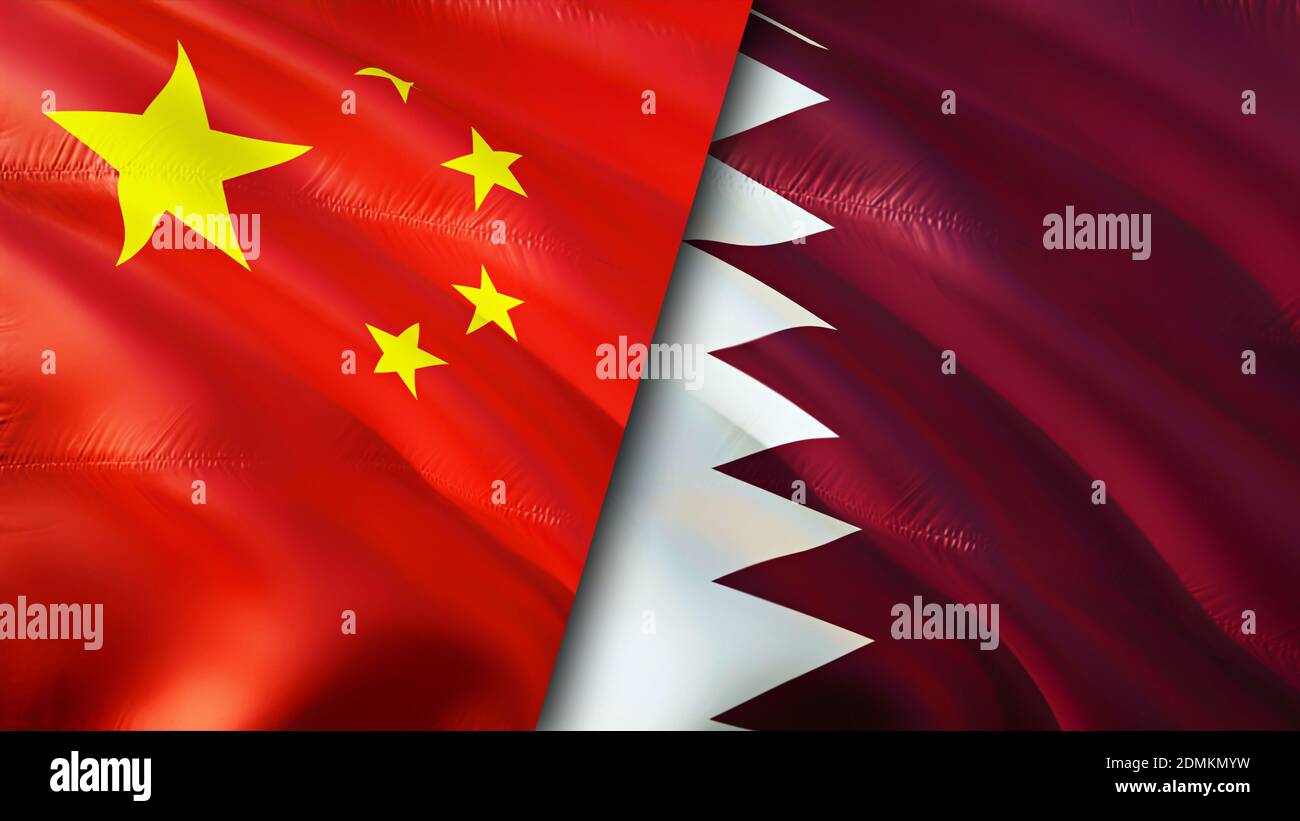 China and Qatar flags. 3D Waving flag design. China Qatar flag, picture