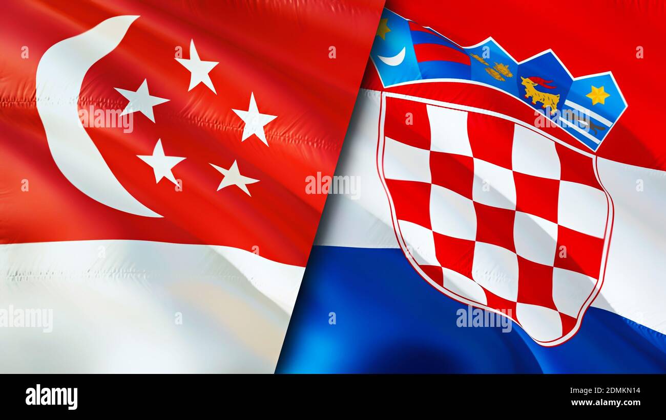 Singapore and Croatia flags. 3D Waving flag design. Singapore Croatia flag, picture, wallpaper. Singapore vs Croatia image,3D rendering. Singapore Cro Stock Photo