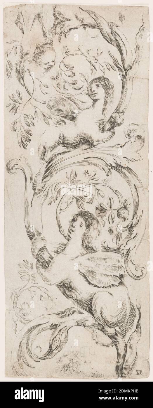 Ornamenti o Grottesche (Grotesque Ornament), Stefano della Bella, Italian, 1610–1664, Etching on off-white laid paper, A thick plant stem with large leaves is the main motif of the etching. Two winged sphinxes with long hair grip the stem, one above the other. The hind leg of a third is visible at top. The floating head of a child is present near the top., Italy, ca. 1653, ornament, Print Stock Photo