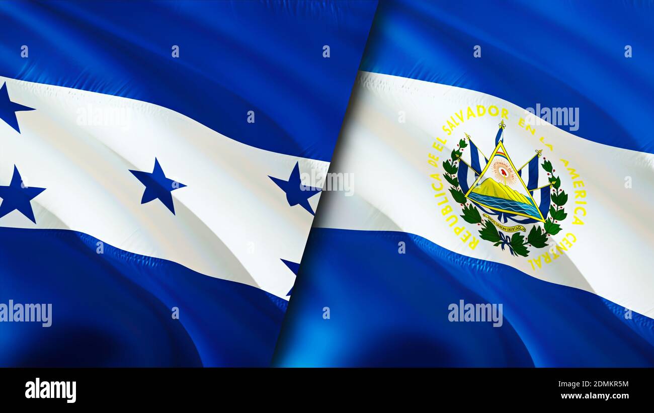 Honduras and El Salvador flags. 3D Waving flag design. Honduras El