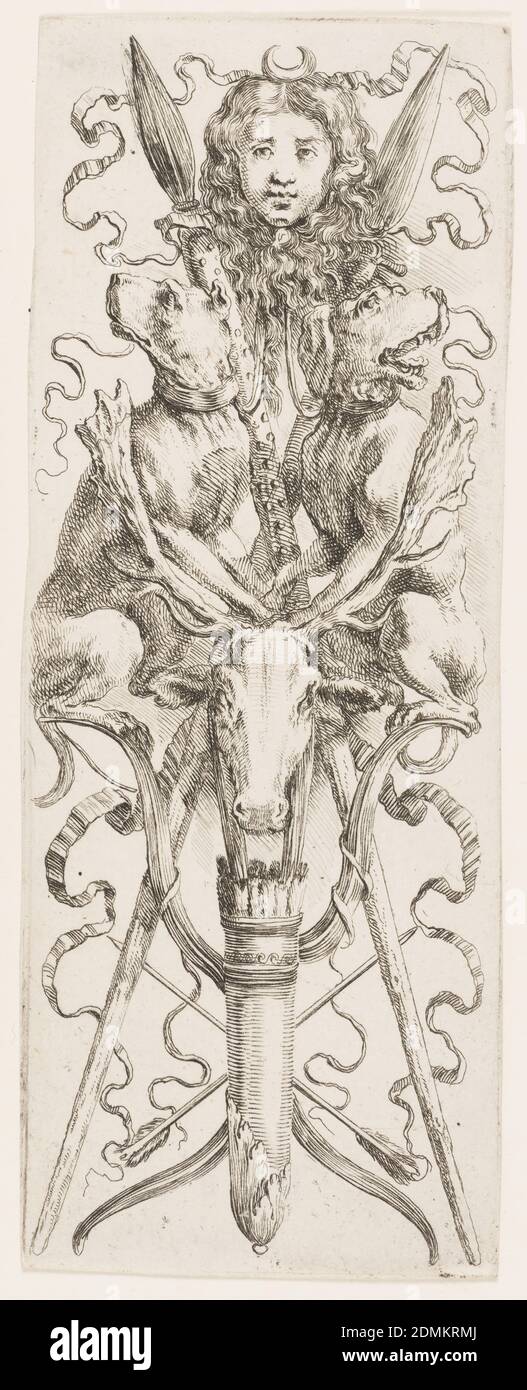 Ornamenti o Grottesche (Grotesque Ornament), Stefano della Bella, Italian, 1610–1664, Etching on laid paper, Vertical rectangle showing a symmetrical design on the theme of the hunt. At top the head of Diana crowned with a moon. Below, two hunting dogs and a stag’s head. At bottom, crossed spears, a bow and quiver., Italy, ca. 1653, ornament, Print Stock Photo