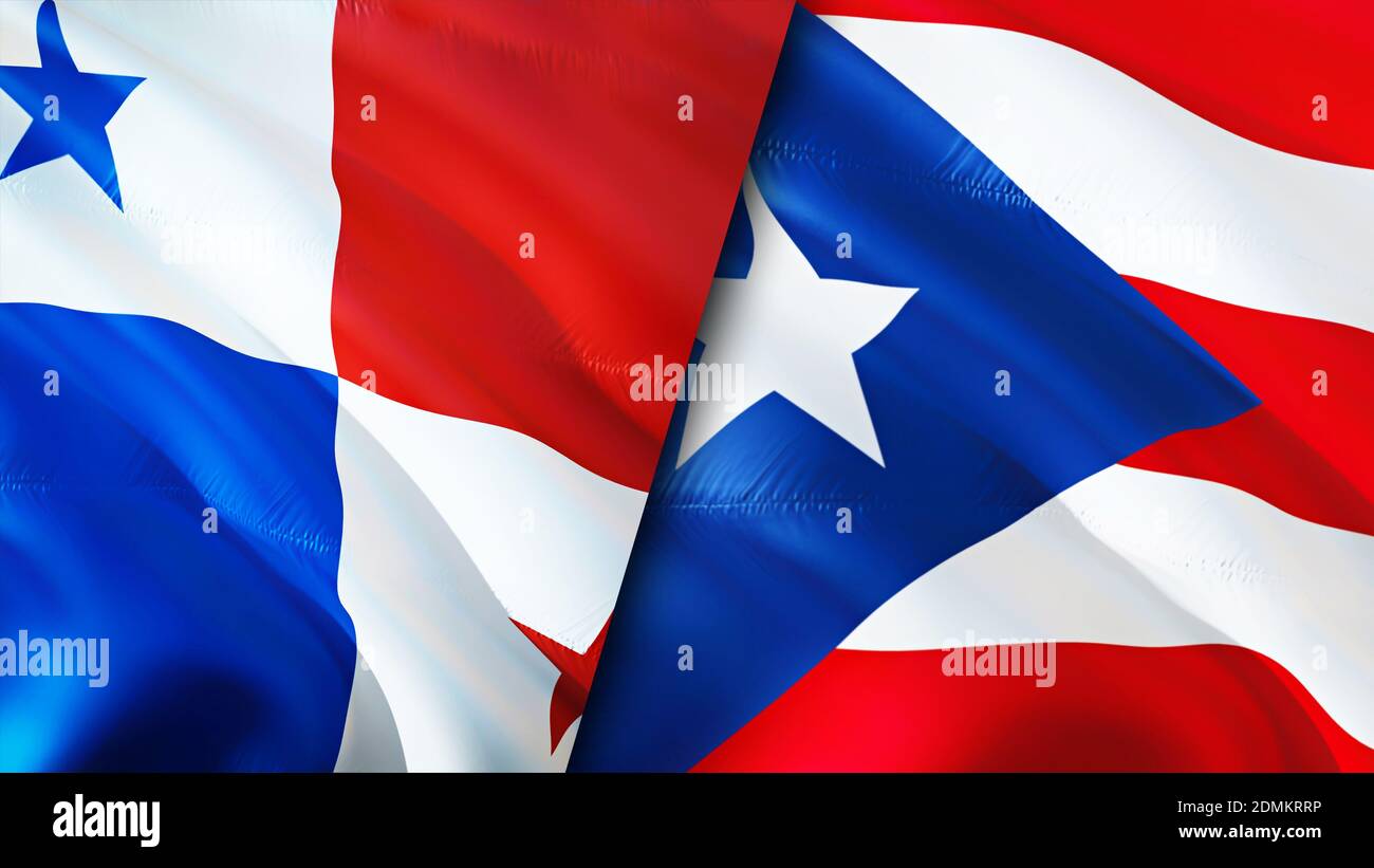 Panama and Puerto Rico flags. 3D Waving flag design. Panama Puerto Rico