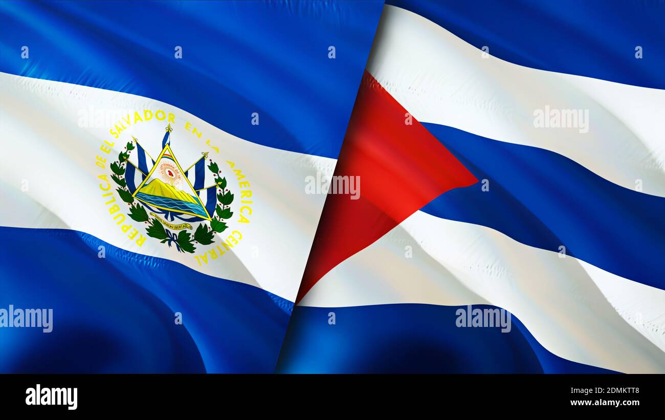 El Salvador and Cuba flags. 3D Waving flag design. El Salvador Cuba