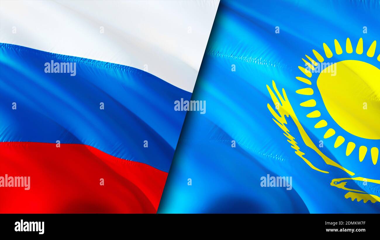 Russia and Kazakhstan flags. 3D Waving flag design. Russia
