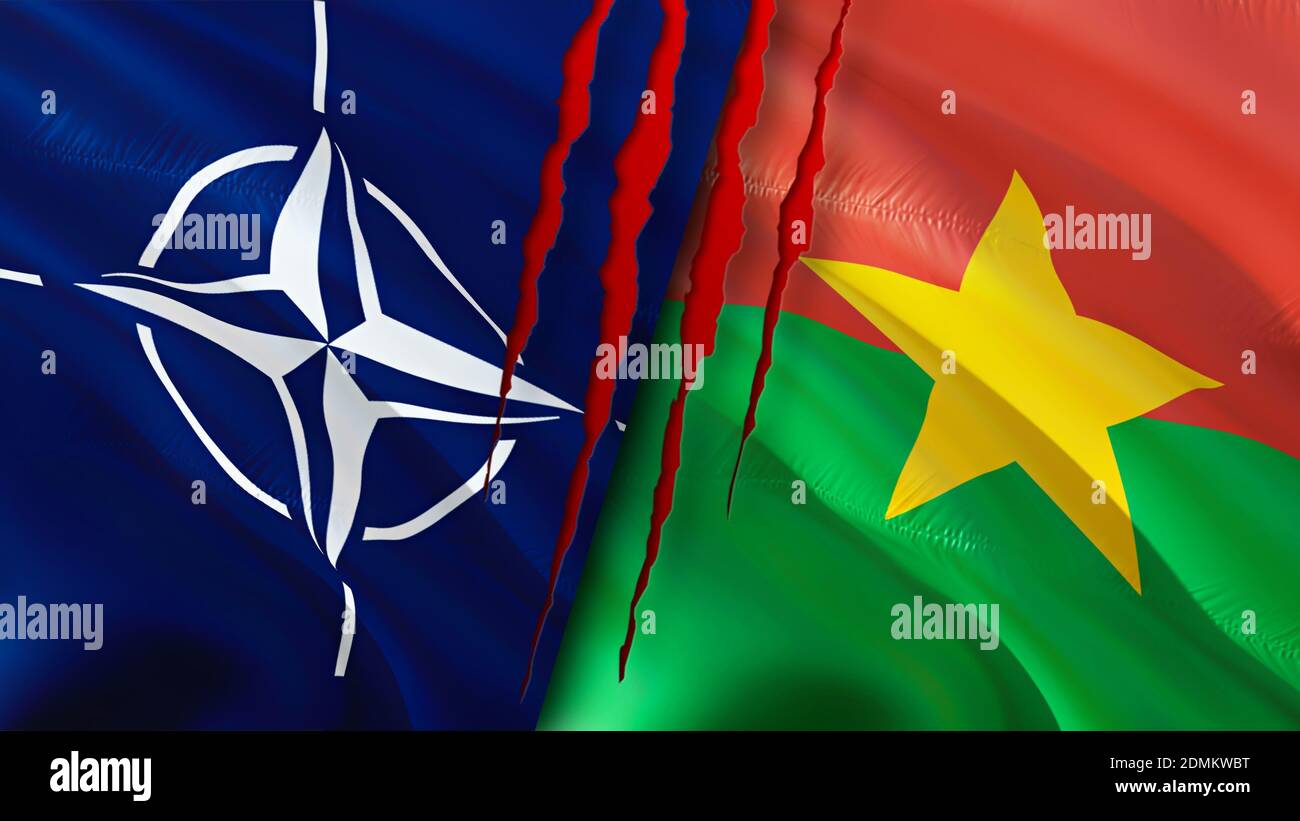 NATO and Burkina Faso flags with scar concept. Waving flag,3D rendering. Burkina Faso and NATO conflict concept. NATO Burkina Faso relations concept. Stock Photo