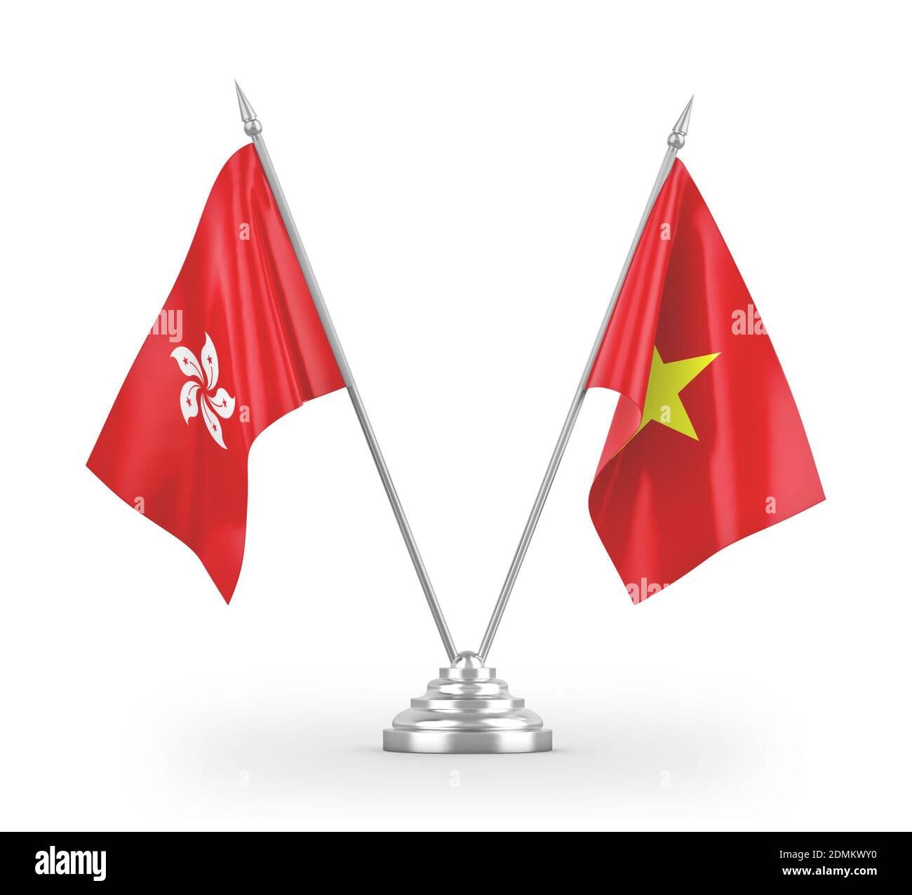 Vietnam and Hong Kong table flags isolated on white 3D rendering Stock Photo