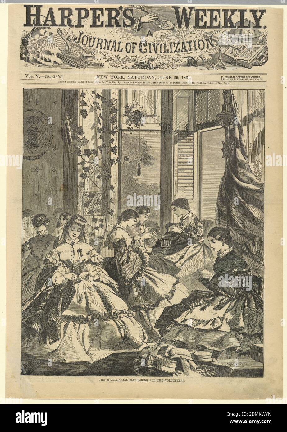 The War - Making Havelocks for the Volunteers, from Harper's Weekly, June 29, 1861, p. 401., Winslow Homer, American, 1836–1910, Wood engraving in black ink on newsprint paper., Vertical view of an interior with a group of women sewing in the foreground., June 29, 1861, graphic design, Print Stock Photo