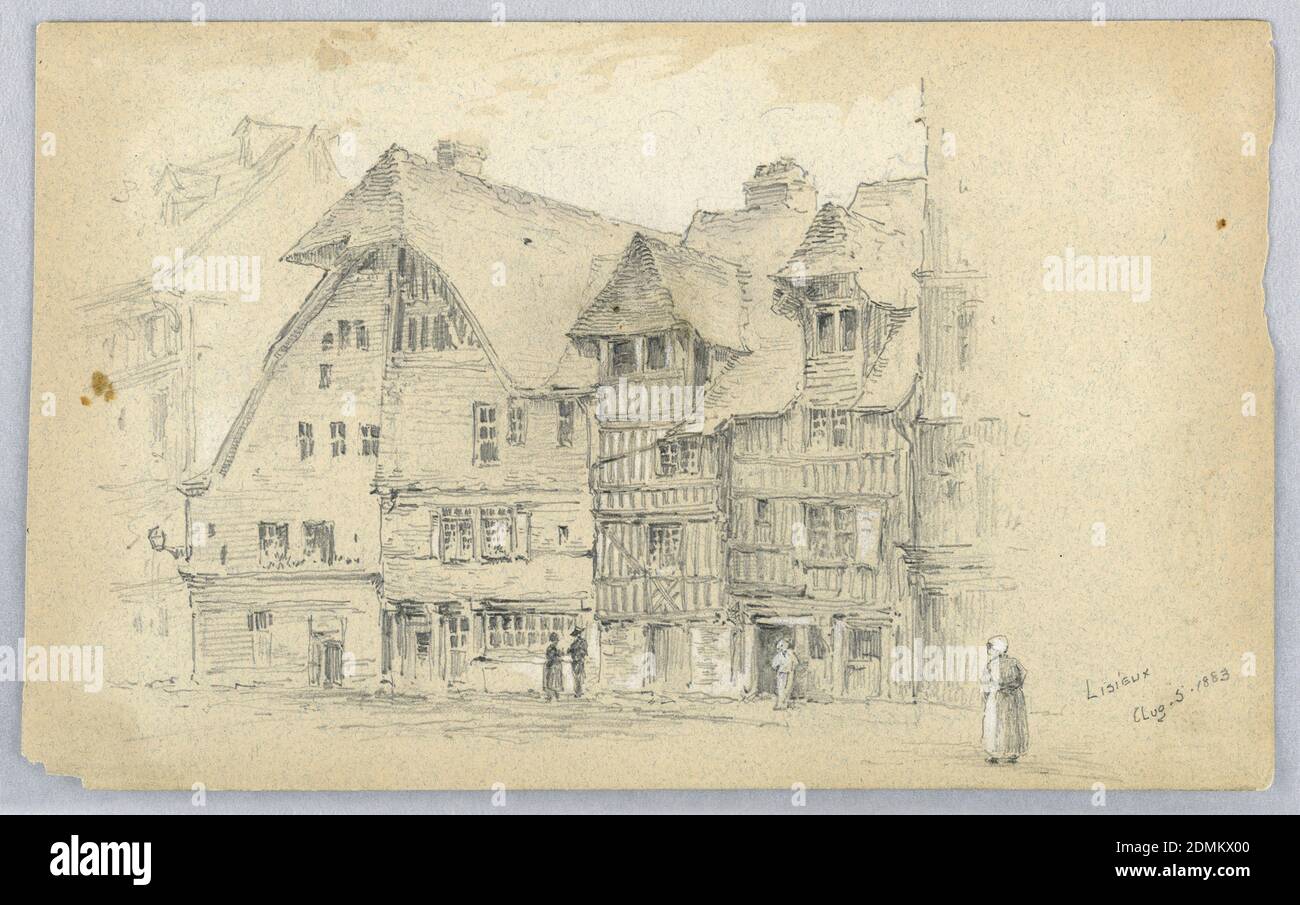 Sketch of Lisieux, Arnold William Brunner, American, 1857–1925, Graphite and white heightening on grey-brown paper, A street with half-timbered houses and figures., USA, 1883, architecture, Drawing Stock Photo