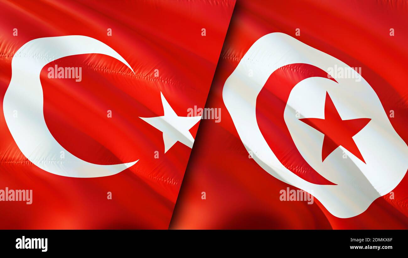 Turkey and Tunisia flags. 3D Waving flag design. Turkey Tunisia flag