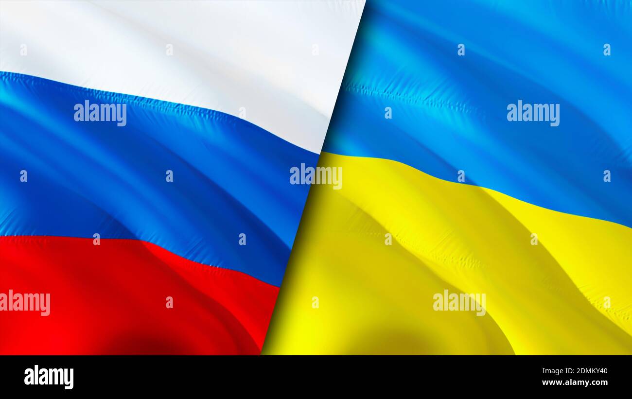 Russia and Ukraine flags. 3D Waving flag design. Russia Ukraine flag