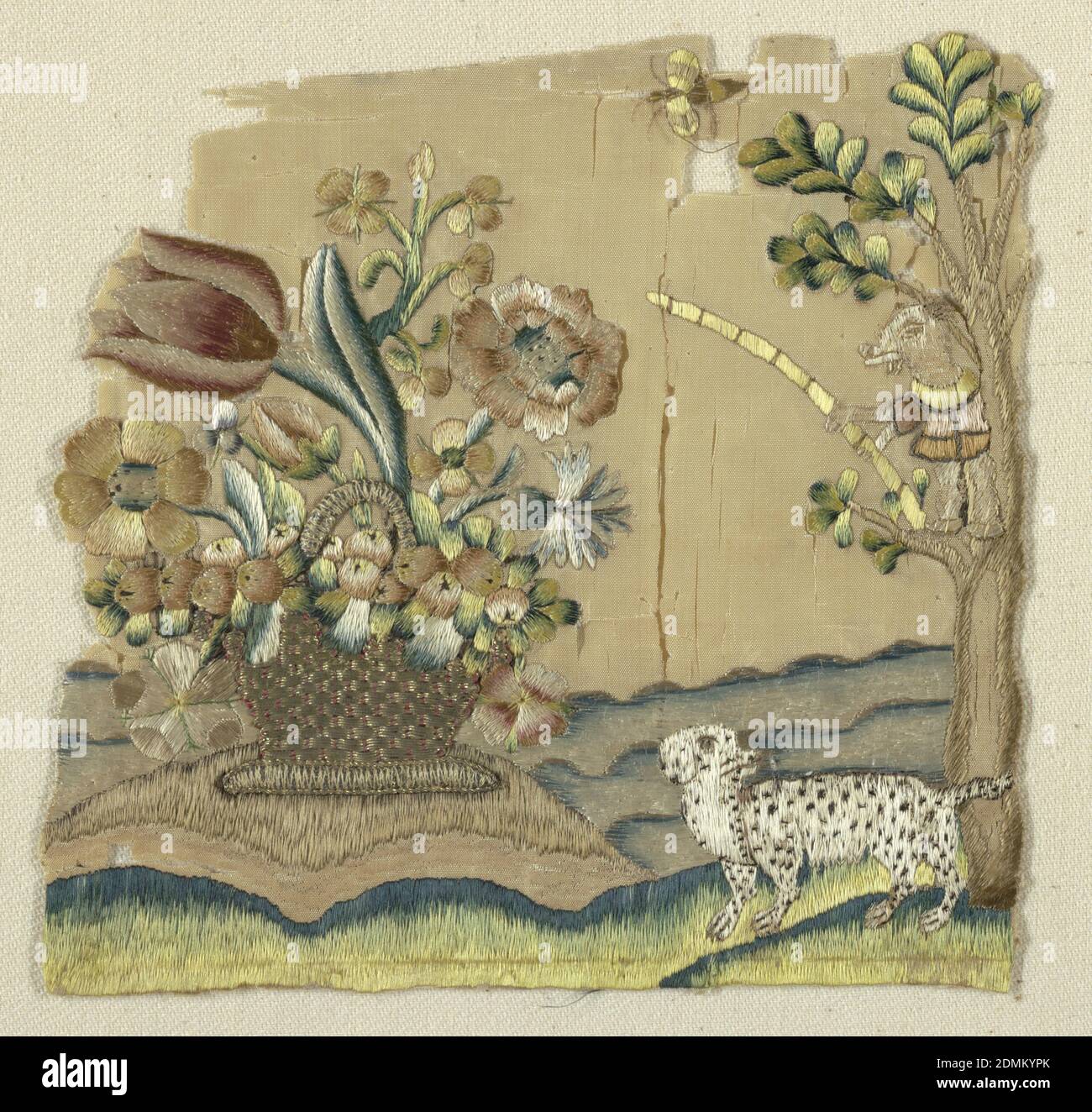 Fragment, Medium silk Technique embroidered, Fragment show a basket of flowers resting on a