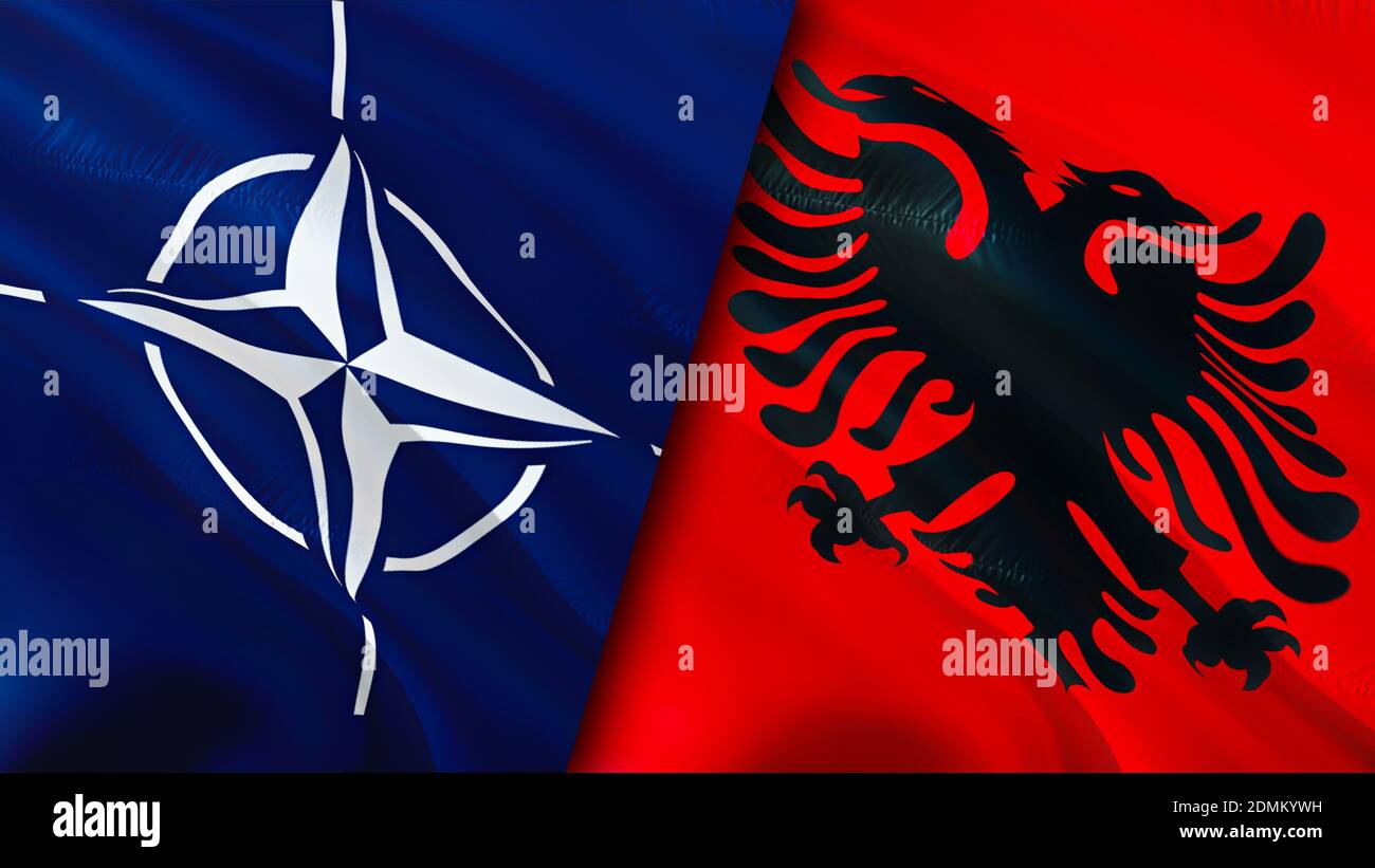 NATO and Albania flags. 3D Waving flag design. Albania NATO flag