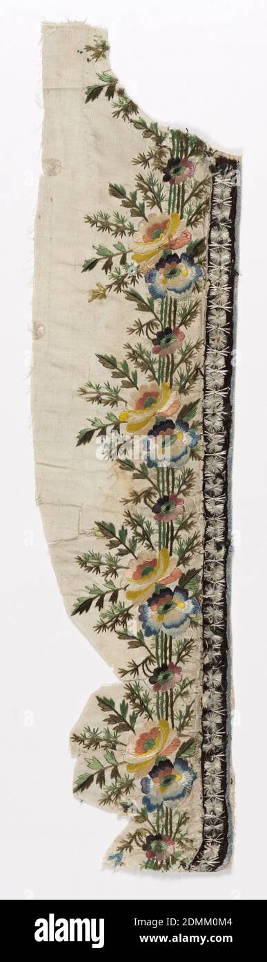 Waistcoat Fragments Medium Silk Technique Satin Stitch Embroidery On Taffeta Two Fragments From The Top Central Portion Of An Embroidered Waistcoat Design Has Flowers And Leaves With One Piece Containing The Buttonholes