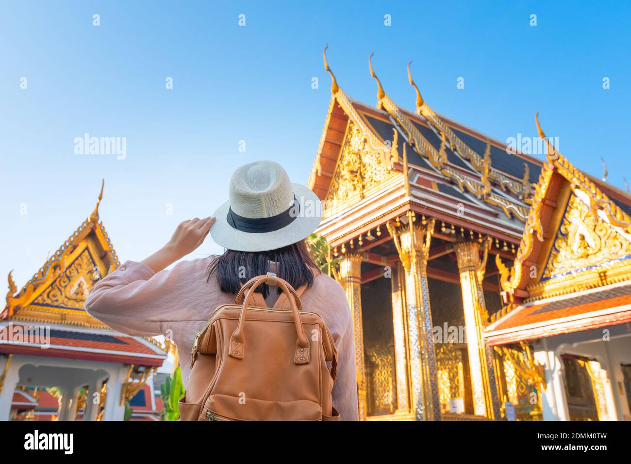 Beautiful asian tourist woman enjoy travel on Vacation in Bangkok at Thailand Stock Photo