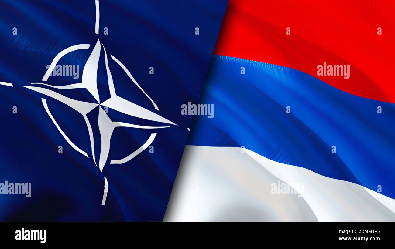 NATO and Serbia flags. 3D Waving flag design. Serbia NATO flag, picture, wallpaper. NATO vs Serbia image,3D rendering. NATO Serbia relations alliance Stock Photo