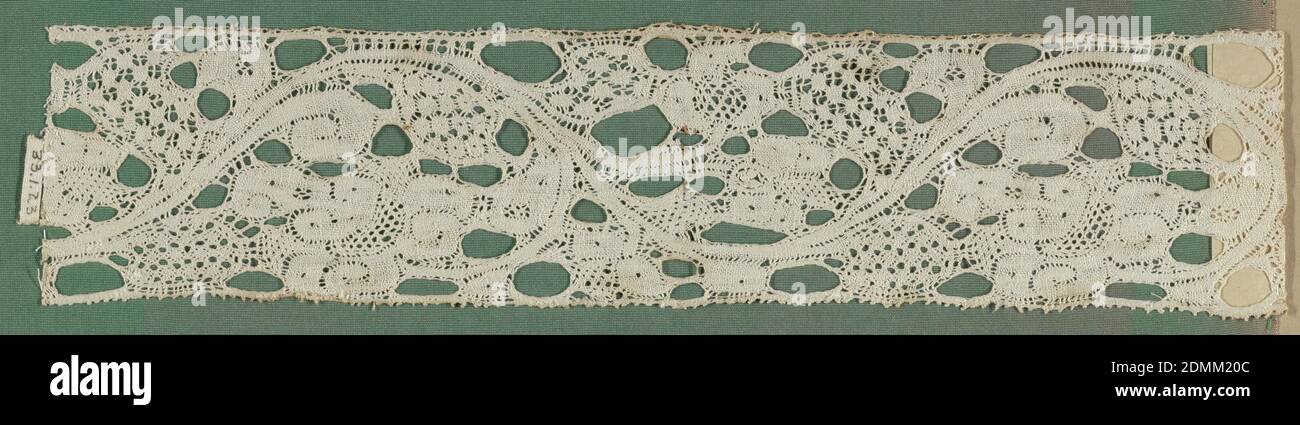 Band, Medium: linen Technique: bobbin lace, Band of northern Italian guipure. Open scrolling pattern with brides., Italy, 17th–18th century, lace, Band Stock Photo