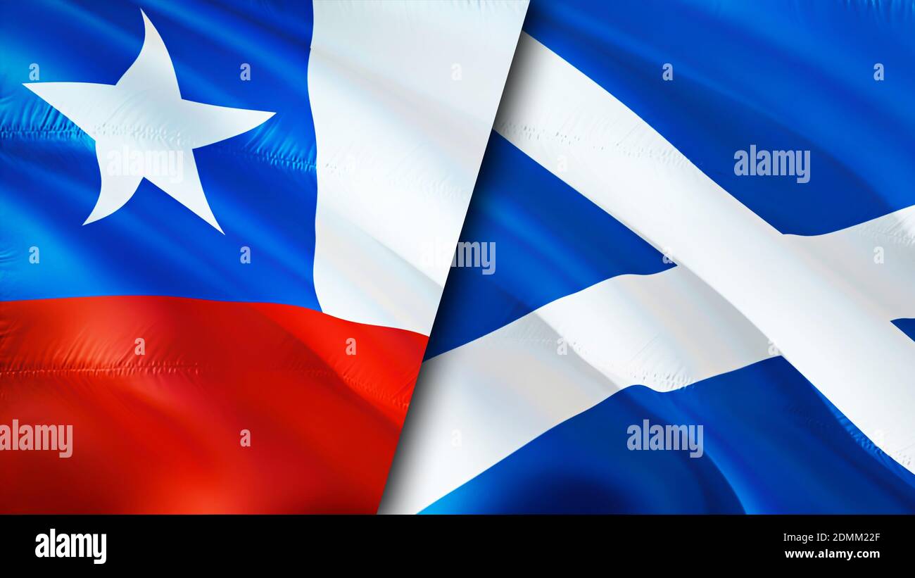 Chile and Scotland flags. 3D Waving flag design. Chile Scotland flag, picture, wallpaper. Chile vs Scotland image,3D rendering. Chile Scotland relatio Stock Photo