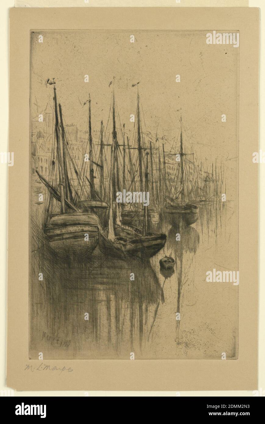 The Decks, Mortimer L. Menpes, Australian, active London, England, 1860 – after 1915, Engraving on light brown paper, A line of sailing vessels in calm water. Beyond, between the masts, the bank and the buildings of a town., London, England, 1880, landscapes, Print Stock Photo