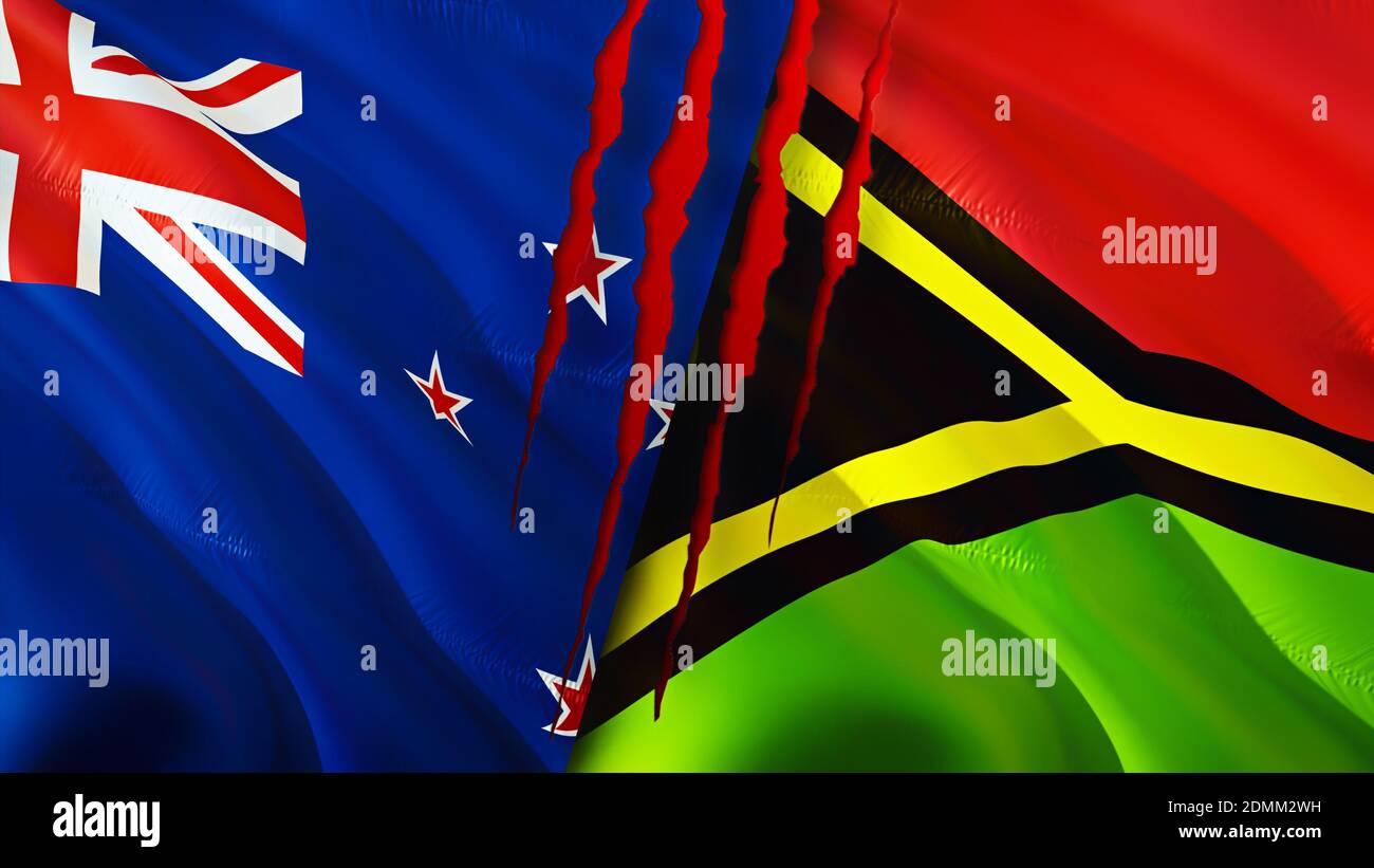 New Zealand and Vanuatu flags with scar concept. Waving flag 3D ...