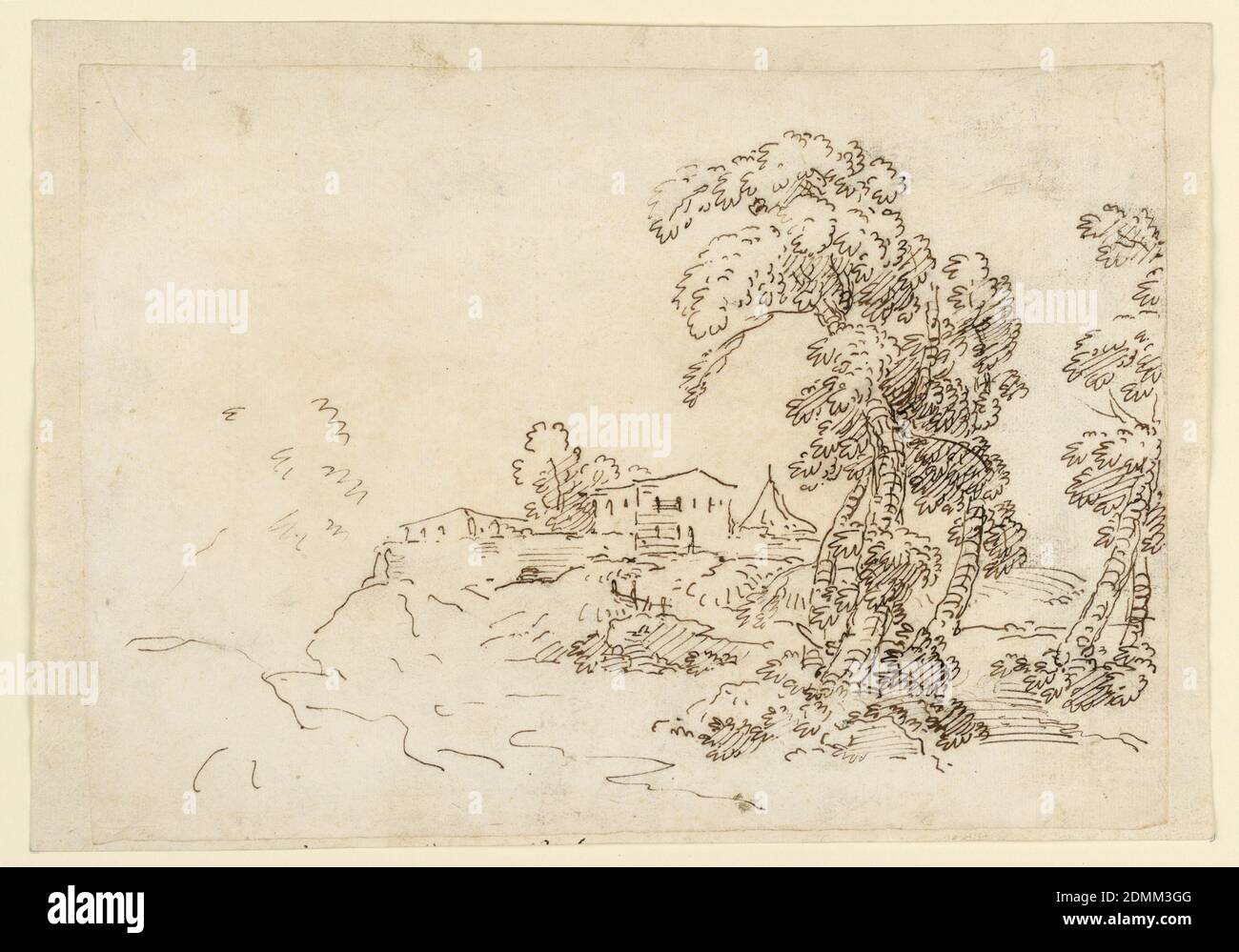 View of a Farm, Carlo Marchionni, Italian, 1702–1786, Pen and ink on paper, Group of trees at right, in the foreground. The farm in the middle ground., Italy, 1750–1770, landscapes, Drawing Stock Photo