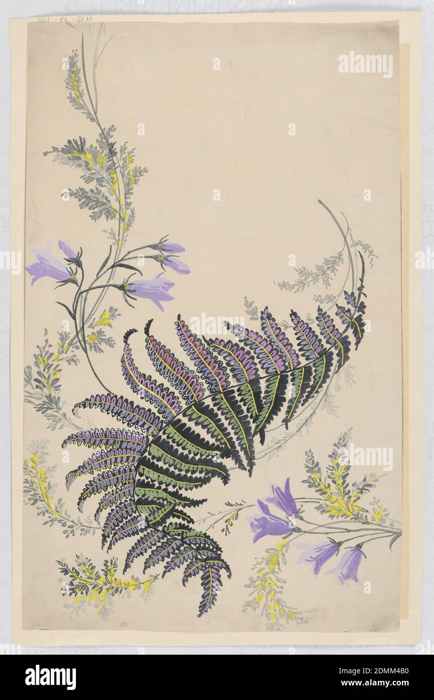 Drawing, Brush and gouache on cream paper, mounted on cream paper, Large feather-like leaf formation in black, green, purple, and gold, surrounded by various sprays of wild flowers in yellow, purple, and gray on cream ground., France and USA, late 19th century, textile designs, Drawing Stock Photo