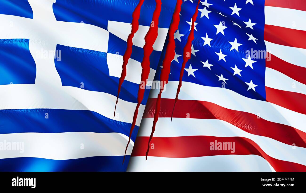 Greece and United States flags with scar concept. Waving flag,3D
