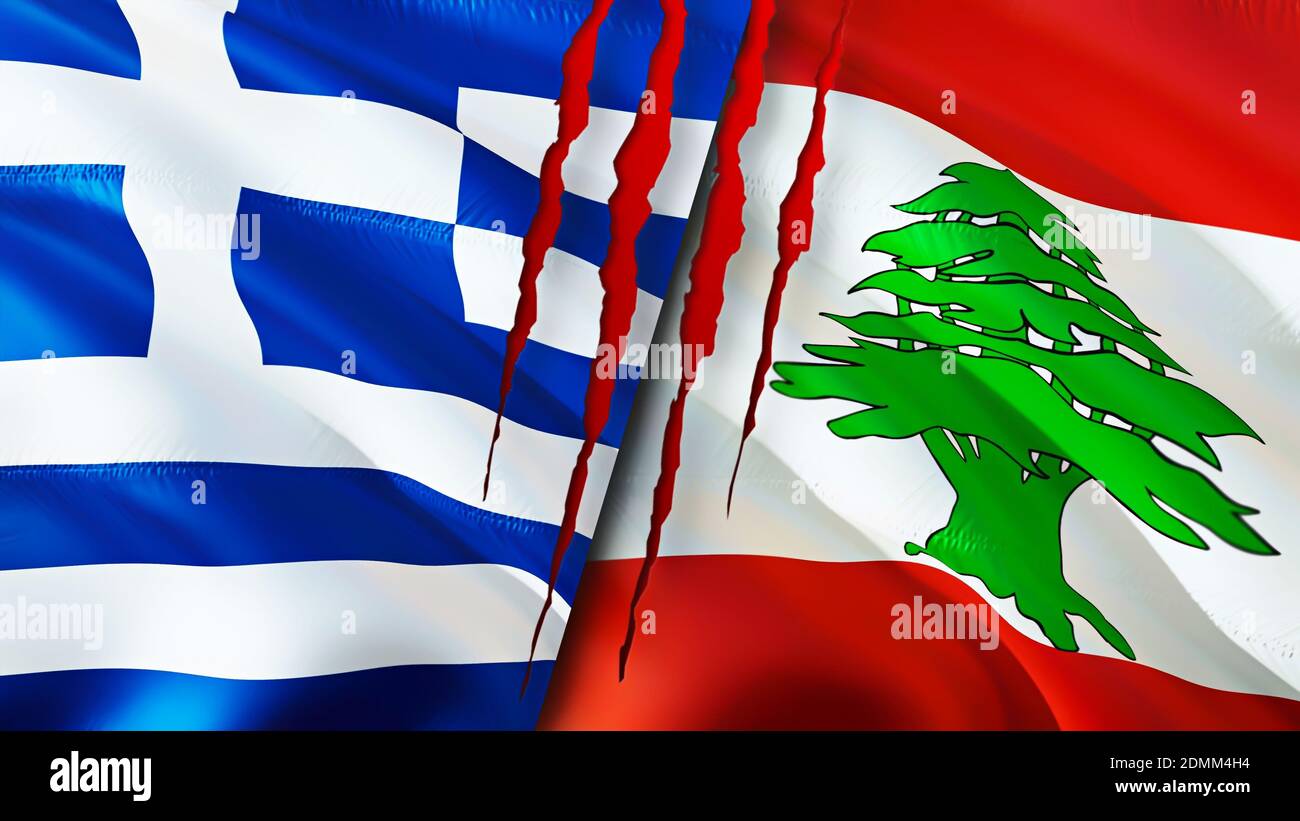 Greece and Lebanon flags with scar concept. Waving flag,3D rendering. Greece and Lebanon conflict concept. Greece Lebanon relations concept. flag of G Stock Photo