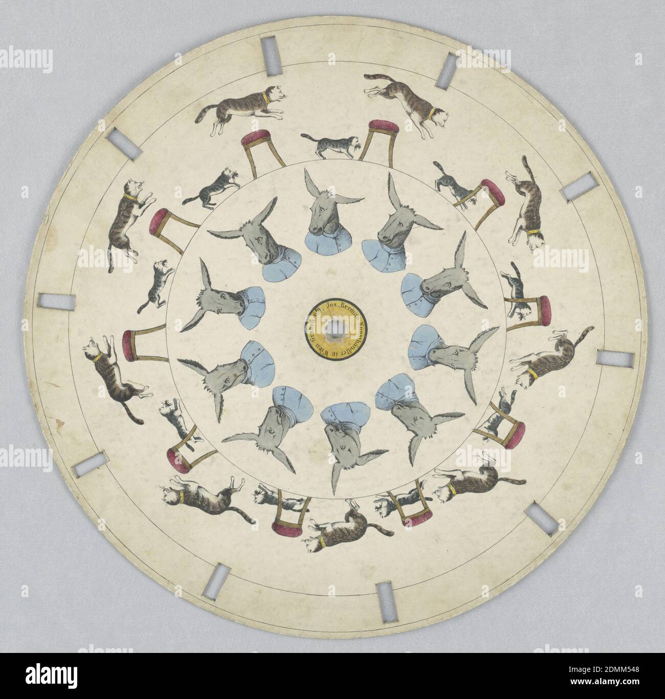 Phenakistiscope Disc With Cats And Donkey Hand Colored Lithograph On Paperboard Paper Disc With A Hole In The Center 10 Rectangular Perforations Evenly Spaced Along Perimeter For Viewing In The Outermost Ring Several Phenakistiscope Disc With Cats And Donkey Hand Colored Lithograph On Paperboard Paper Disc With A Hole In The Center 10 Rectangular Perforations Evenly Spaced Along Perimeter For Viewing In The Outermost Ring Several