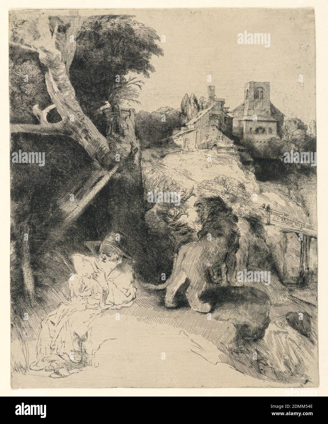 Saint Jerome Reading in an Italian Landscape, Rembrandt Harmensz van Rijn, Dutch, 1606–1669, Etching on off-white laid paper, The saint is seated at lower left, reading a book, his left arm resting on a large rock. A lion stands beside him, turned away from the spectator. Buildings in the background, a bridge, right., Netherlands, ca. 1653, Print Stock Photo