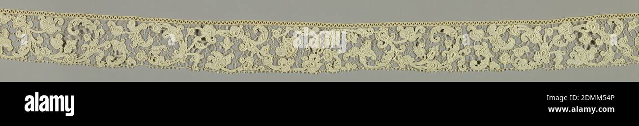 Border, Medium: linen Technique: needle lace, Border of Point de Venise à Rose with floral sprays running in a serpentine design. Pattern connected by picoted bars; outlined by cordonnet. Solidly-worked areas are interspersed with decorative filling stitches known as gaze quadrillée., Italy, 17th century, lace, Border Stock Photo