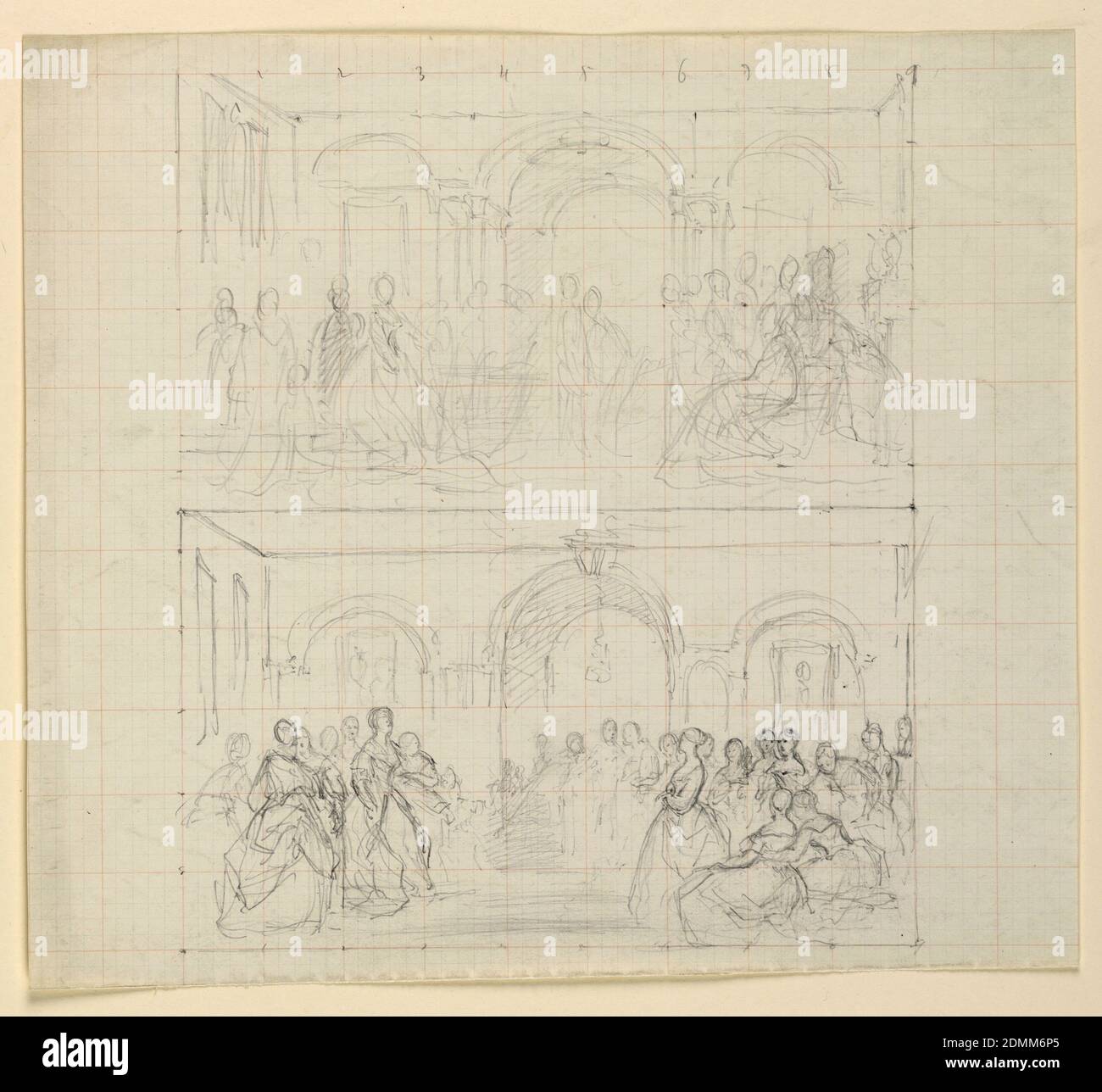 Two Figure Compositions for the Painting 'The Republican Court' (Lady Washington's Reception Day), Daniel Huntington, American, 1816–1906, Graphite on graph paper, Two alternative figure compositions for a painting of Martha Washington's reception, one above the other on graph paper, squared with blue and red lines. Grid numbered at one inch intervals in upper and lower margins., USA, USA, 1860, figures, Drawing Stock Photo
