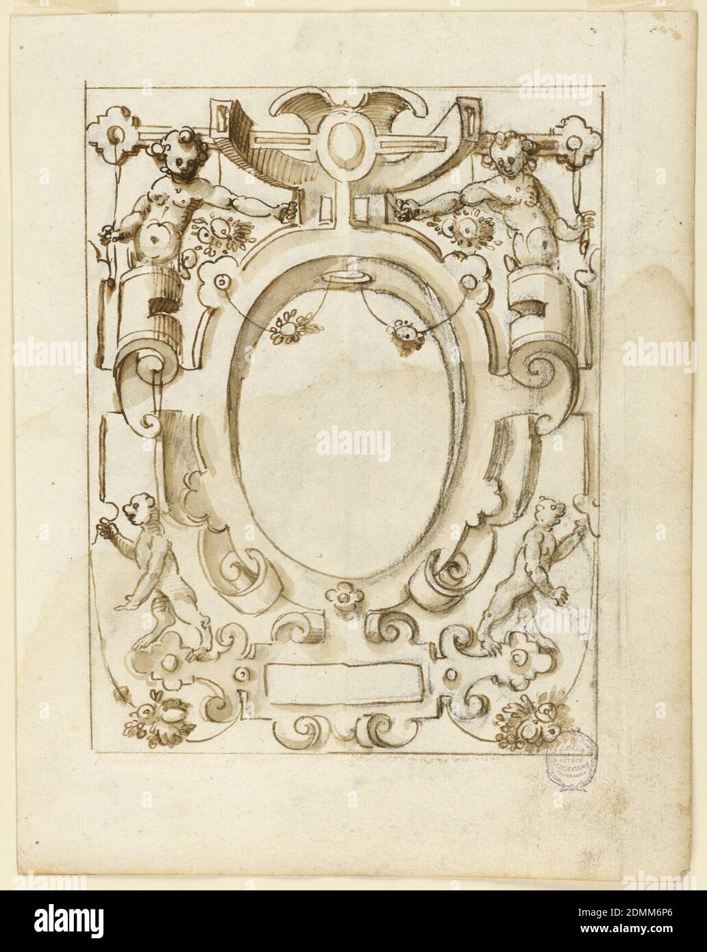 Grotesque Design, Charcoal, pen and ink, brush and watercolor on paper, Strapwork with putti and bears frames a blank oval panel., Italy, early 17th century, ornament, Drawing Stock Photo