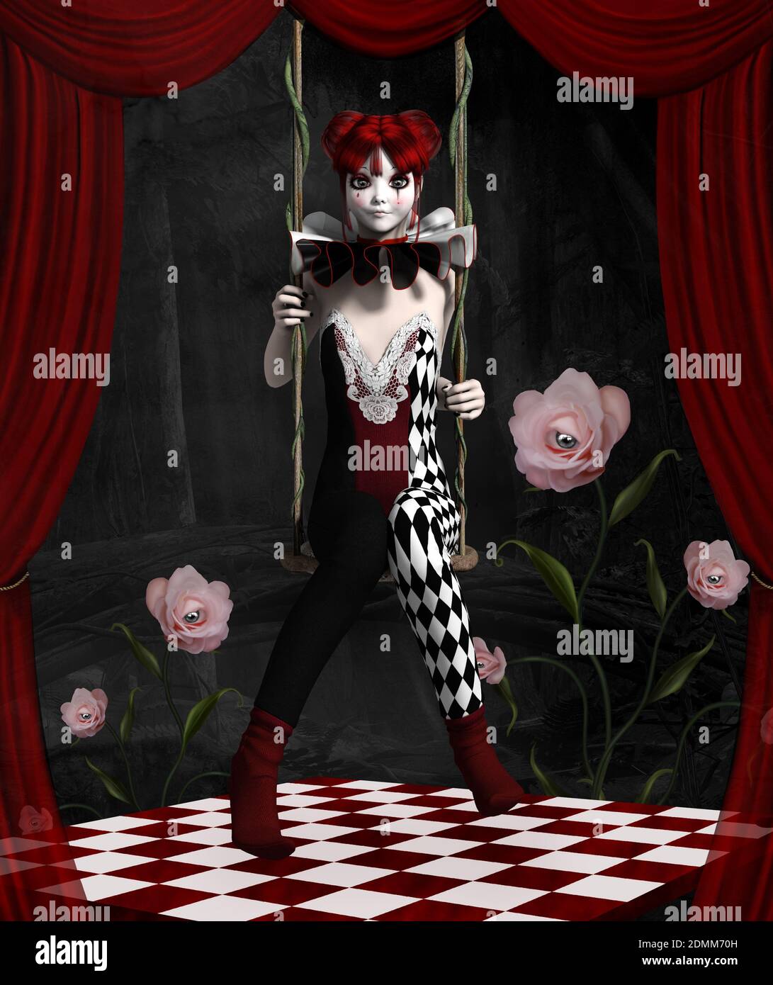 Young clown and surreal roses on a red stage Stock Photo